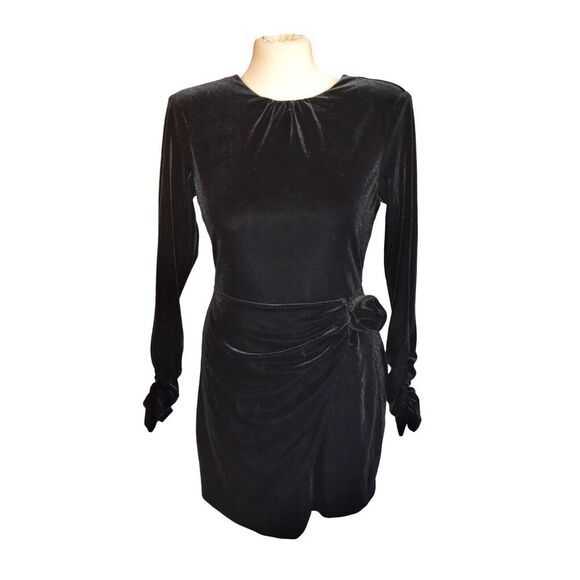 Zara Black Velvet Mini Dress M Long Sleeve Ruched Party Elegant Retro Chic 90s - Picture 1 of 9